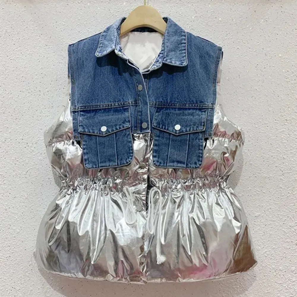 Fashion Patchwork Denim Parkas For Women Lapel Sleeveless Hit Color Spliced Pockets Chic Winter Thick Vest Female Clothing Silver One Size