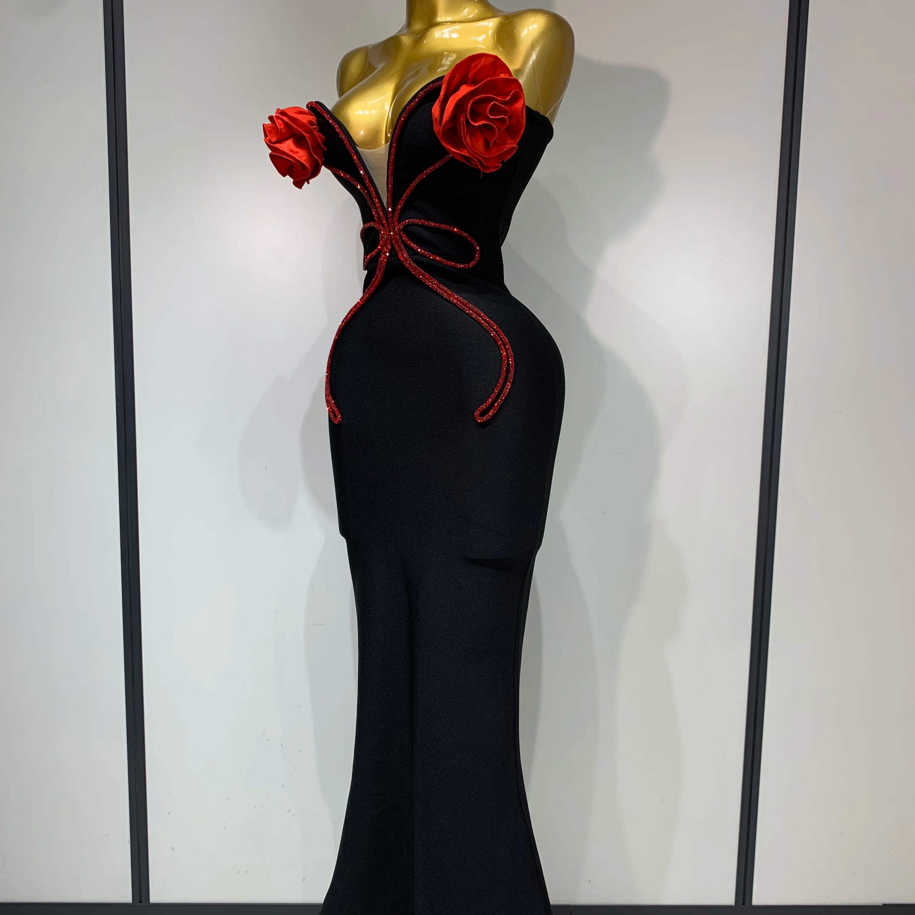 Sexy Strapless Flower Appliques Sexy Diamond Bodycon Bandage Mermaid Dress Celebrity Evening Runway Party Club Birthday Dress