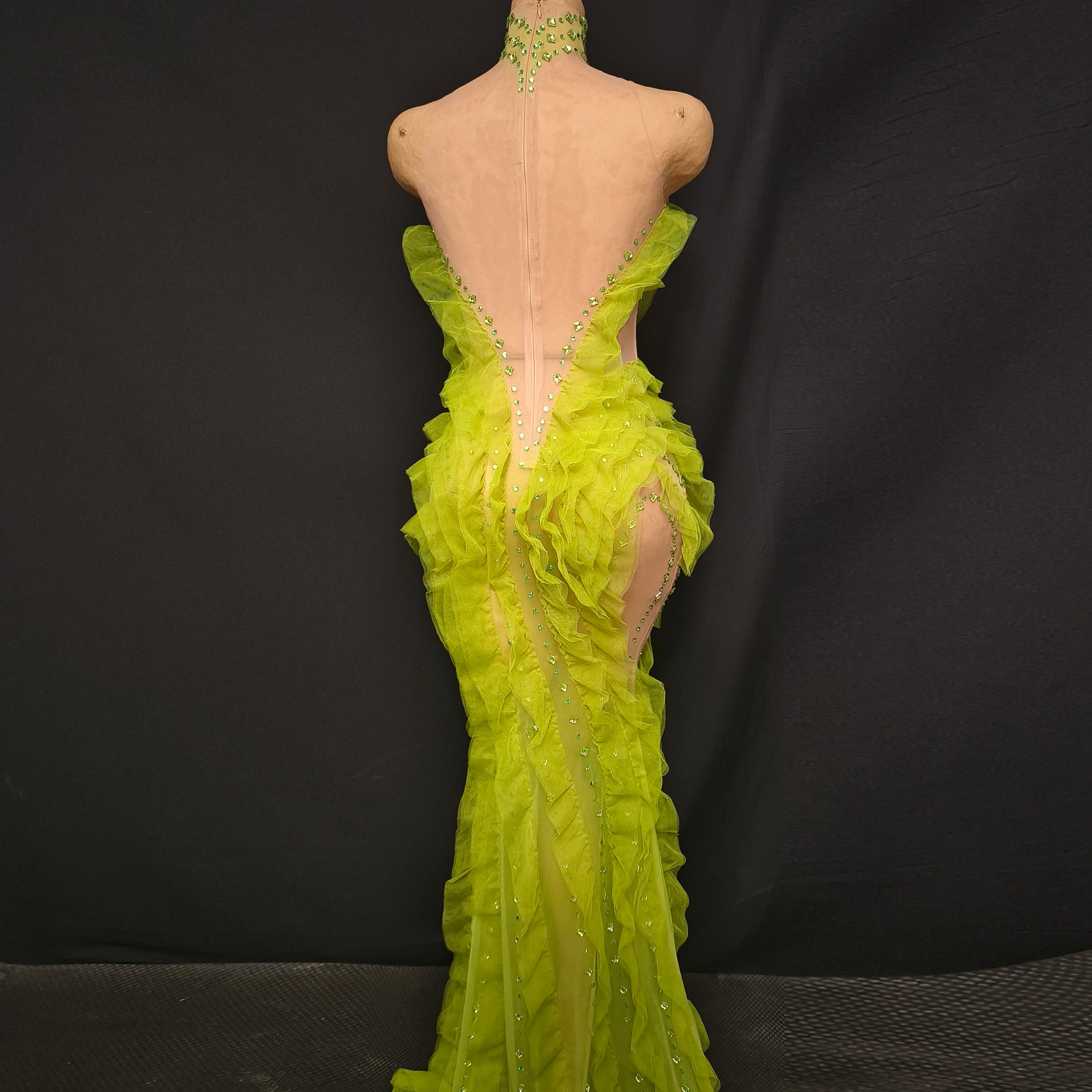 Women Sexy Mesh Crystal Fancy Maxi Dress See Through Neon Green Party Singer Party Costume Stage Performance Dress