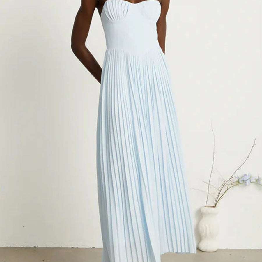 TWOTWINSTYLE Solid Slimming Elegant Midi Dresses for Women Strapless Sleeveless Patchwork Fold Dress Female Temperament Clothing