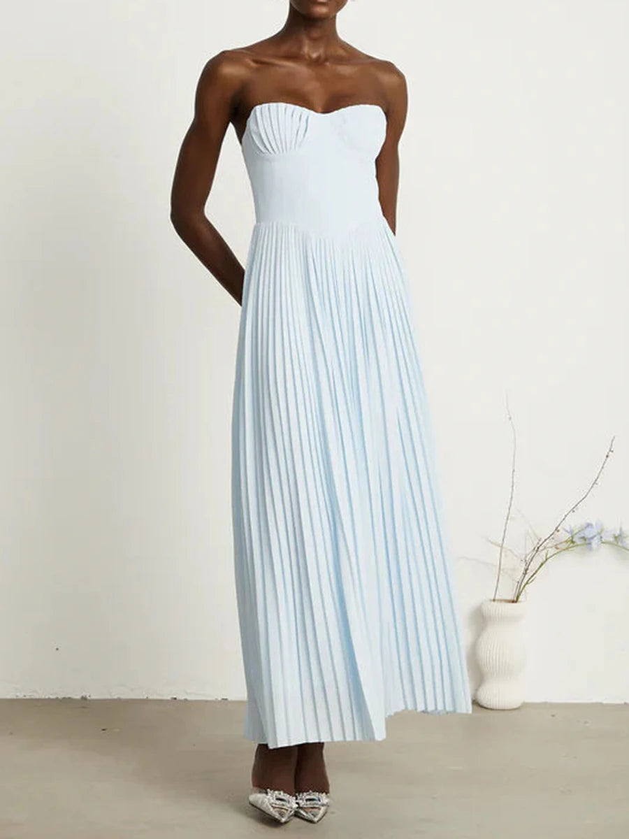 TWOTWINSTYLE Solid Slimming Elegant Midi Dresses for Women Strapless Sleeveless Patchwork Fold Dress Female Temperament Clothing