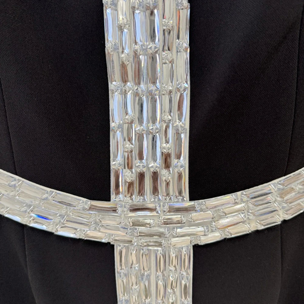 TWOTWINSTYLE Solid Spliced Bead Elegant Dresses for Women V Neck Short Sleeves High Waist Patchwork Split Long Dress Female New