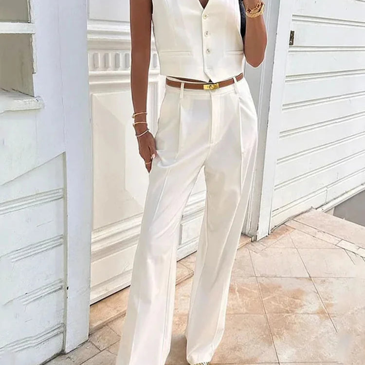 Solid Casual Vest Pants Women 2 Piece Set V-neck Sleeveless Single Breasted Vests Wide Trousers  Summer Office Lady Outfit