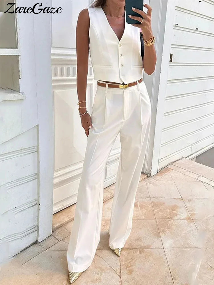 Solid Casual Vest Pants Women 2 Piece Set V-neck Sleeveless Single Breasted Vests Wide Trousers  Summer Office Lady Outfit