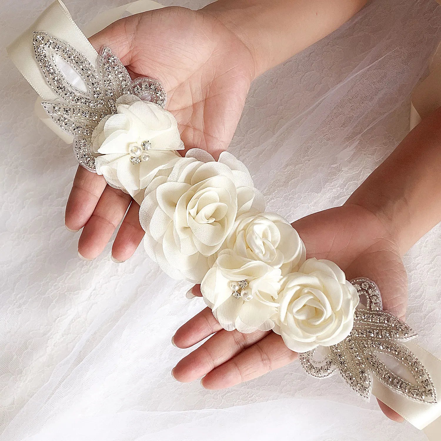 Wedding Accessories Bridal Belts Satin Flower Sash Woman Girl Belts Flower Bead Belts Floral Belt Wedding Rhinestone Flower Belt