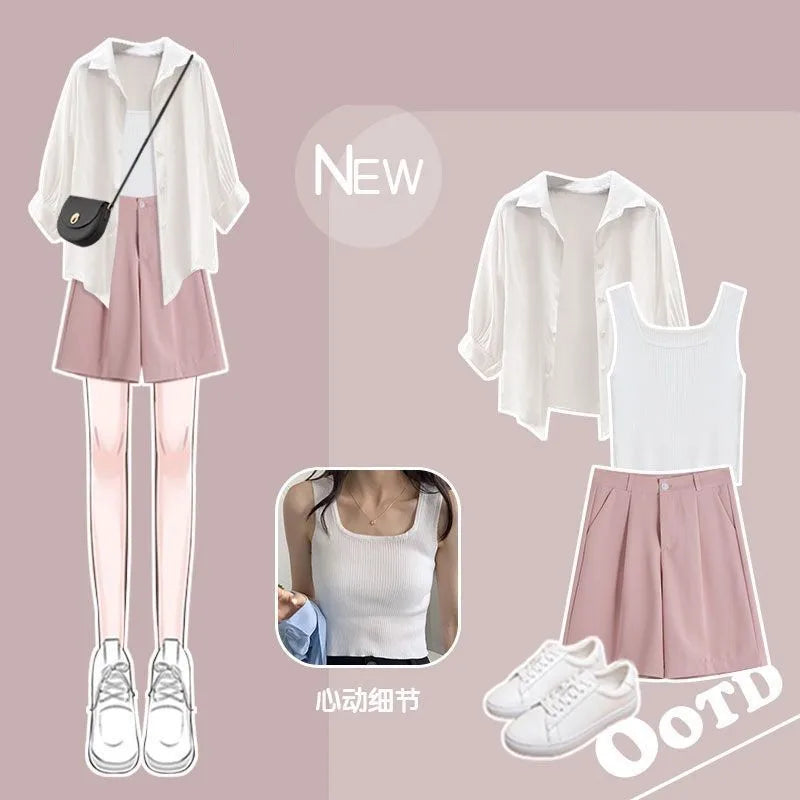 Women's Tracksuit Suit Summer Casual Sunscreen Shirt Top Vest Shorts Three Piece Korean Chic Blouse Pants Matching Set Set 04