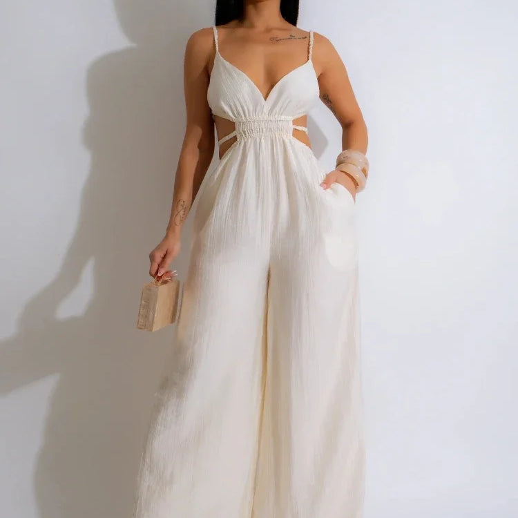 CM.YAYA Women Sleeveless Strap V-neck Backless Wide Leg Long Jumpsuits 2025 Summer Beach Night Club Street Sexy Outfit Rompers