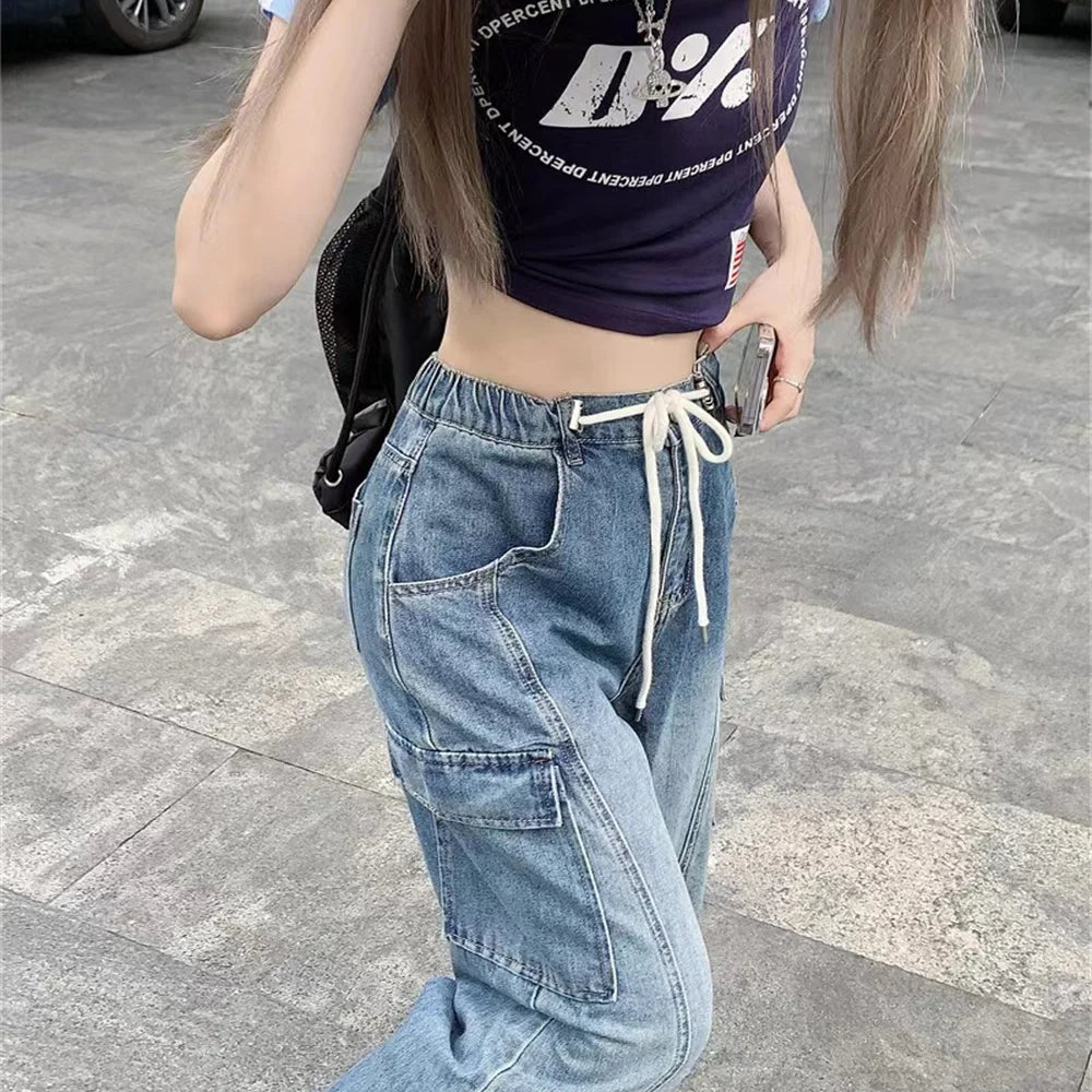 Retro loose drawstring elastic waist thin multi-pocket overalls straight wide leg jeans women's new summer tide