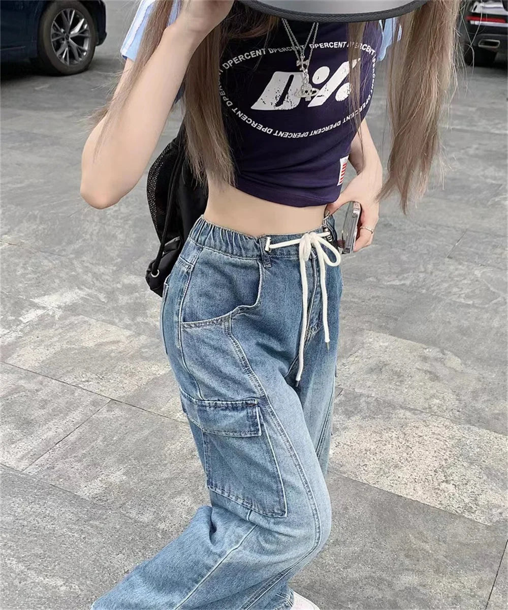Retro loose drawstring elastic waist thin multi-pocket overalls straight wide leg jeans women's new summer tide