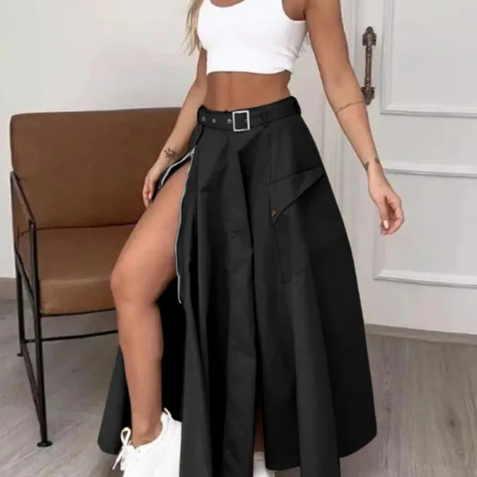 CM.YAYA Women Fashion Pocket Front Zipper Slit Slim High Waist Maxi Skirt Streetwear Casual Safari Solid Long Skirts black