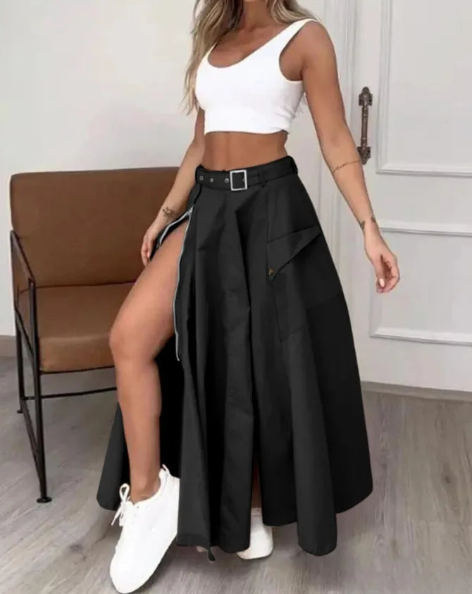 CM.YAYA Women Fashion Pocket Front Zipper Slit Slim High Waist Maxi Skirt Streetwear Casual Safari Solid Long Skirts black