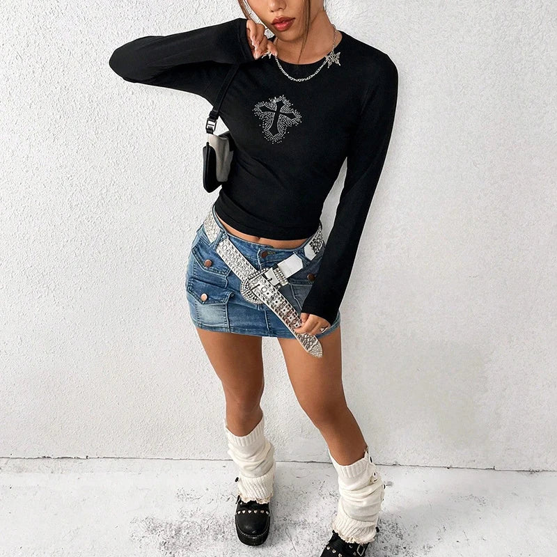 Goth Dark Rhinestone Mall Gothic Basic T-shirts Cyber Y2k Punk Long Sleeve Women Crop Tops Grunge Cross Skinny Fashion Black Tee