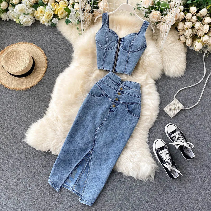CM.YAYA Women Denim Sets Sleeveless Strap Crop Top and Long Skirts Suits 2024 Summer Jeans Streetwear Two 2 Piece Sets Outfits