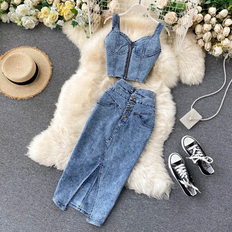 CM.YAYA Women Denim Sets Sleeveless Strap Crop Top and Long Skirts Suits 2024 Summer Jeans Streetwear Two 2 Piece Sets Outfits