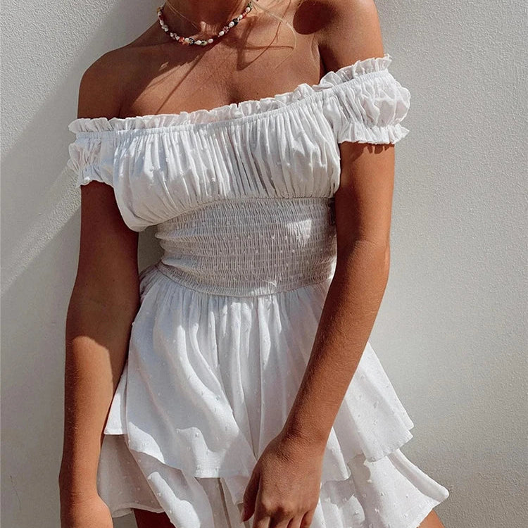 Short Sleeve White Dress Women‘s Summer Dress Fashion Ruffle Mini Dress Sexy Strapless Dress