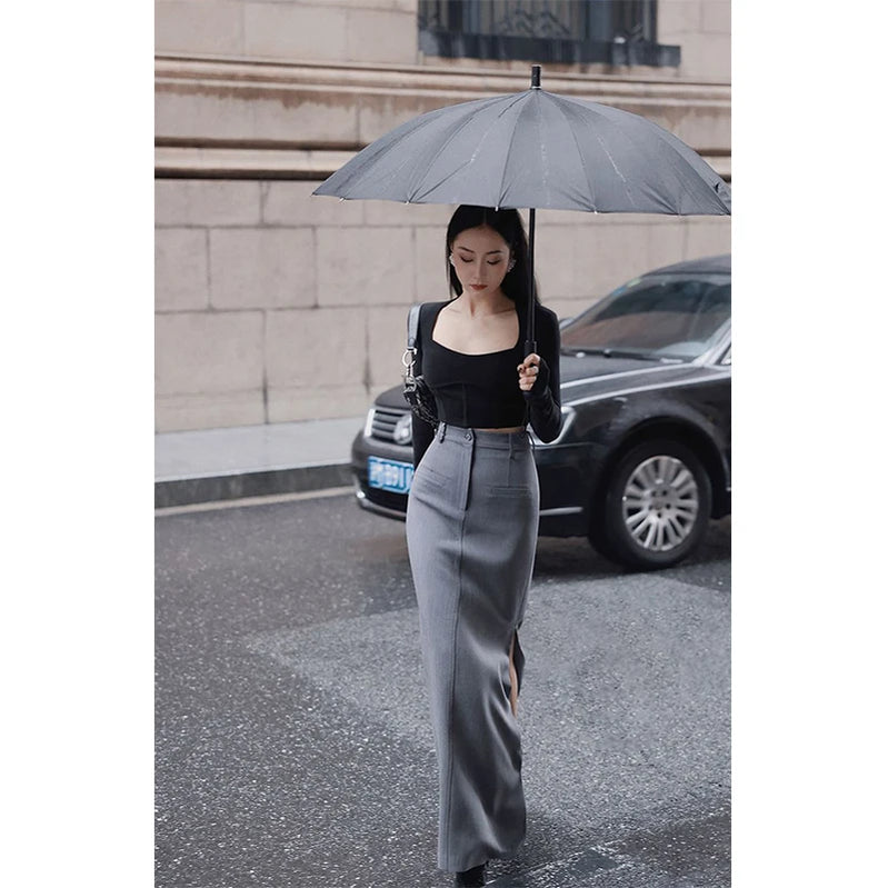 Elegant Slit Midi Skirts Women Streetwear High Waist Suit Skirt Office Lady Korean Fashion Grey Black Slim Pencil Skirts