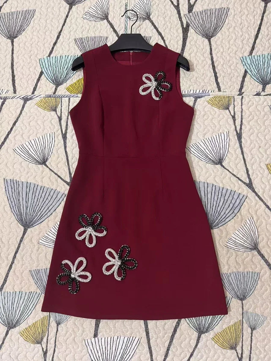 TWOTWINSTYLE Solid Slimming Elegant Dresses for Women Round Neck Sleeveless Patchwork Bead Fashion Mini Dress Female Clothing