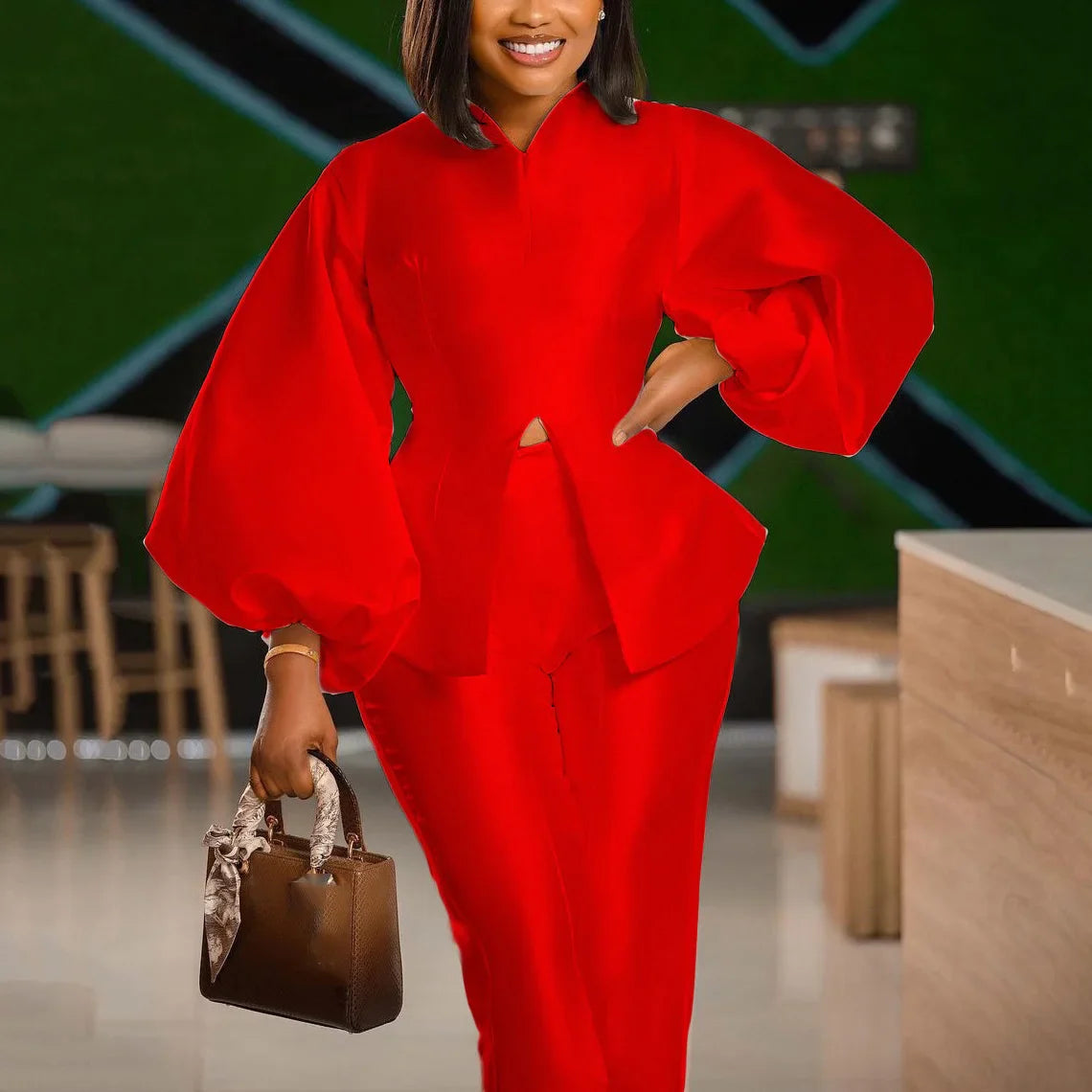 2 Pieces Pants Sets Womens Outfits Satin Solid Blouse Full Sleeve Pullovers & Long Trousers Elegant Office Work Wear Pants Sets Red Sets