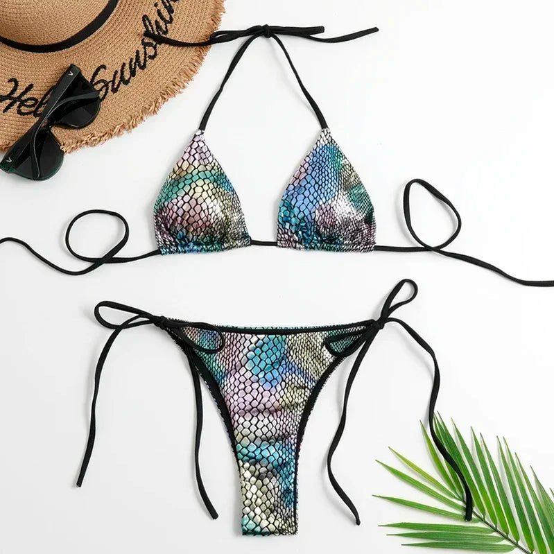 Fish Scales Shiny Halter Triangle Bikinis Set Swimwear Women Micro Thong Swimsuits Swimming Suit Biquinis Bikinis Mujer Swim fish scales