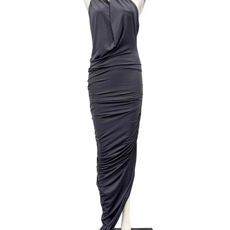 TWOTWINSTYLE Solid Slimming Spliced Folds Irregular Dresses for Women Diagonal Collar Sleeveless Split Dress Femlae Clothing New