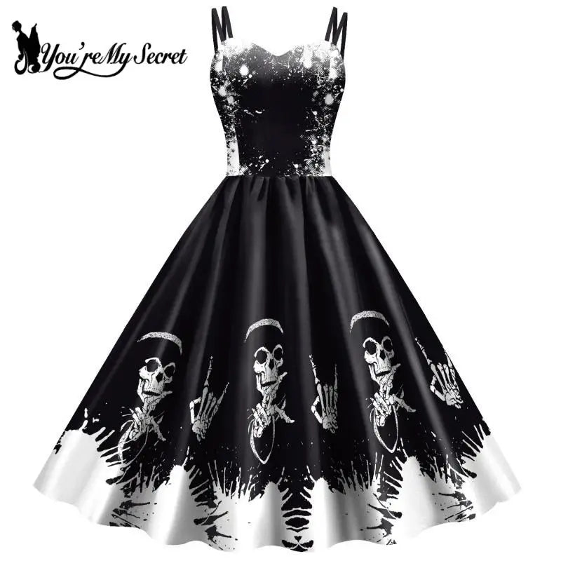 Fancy Skeleton Halloween Women Dress Girl Carnival Party Dresses Female Goth Horror Costume Rockabilly Dress