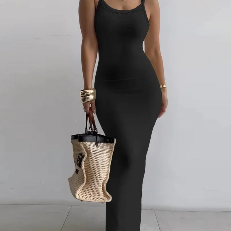 CM.YAYA Summer Women Sleeveless Strap O-neck Sexy 2024 Summer Long Evening Dress Knit Ribbon Night Club Party Maxi Dresses as picture 28