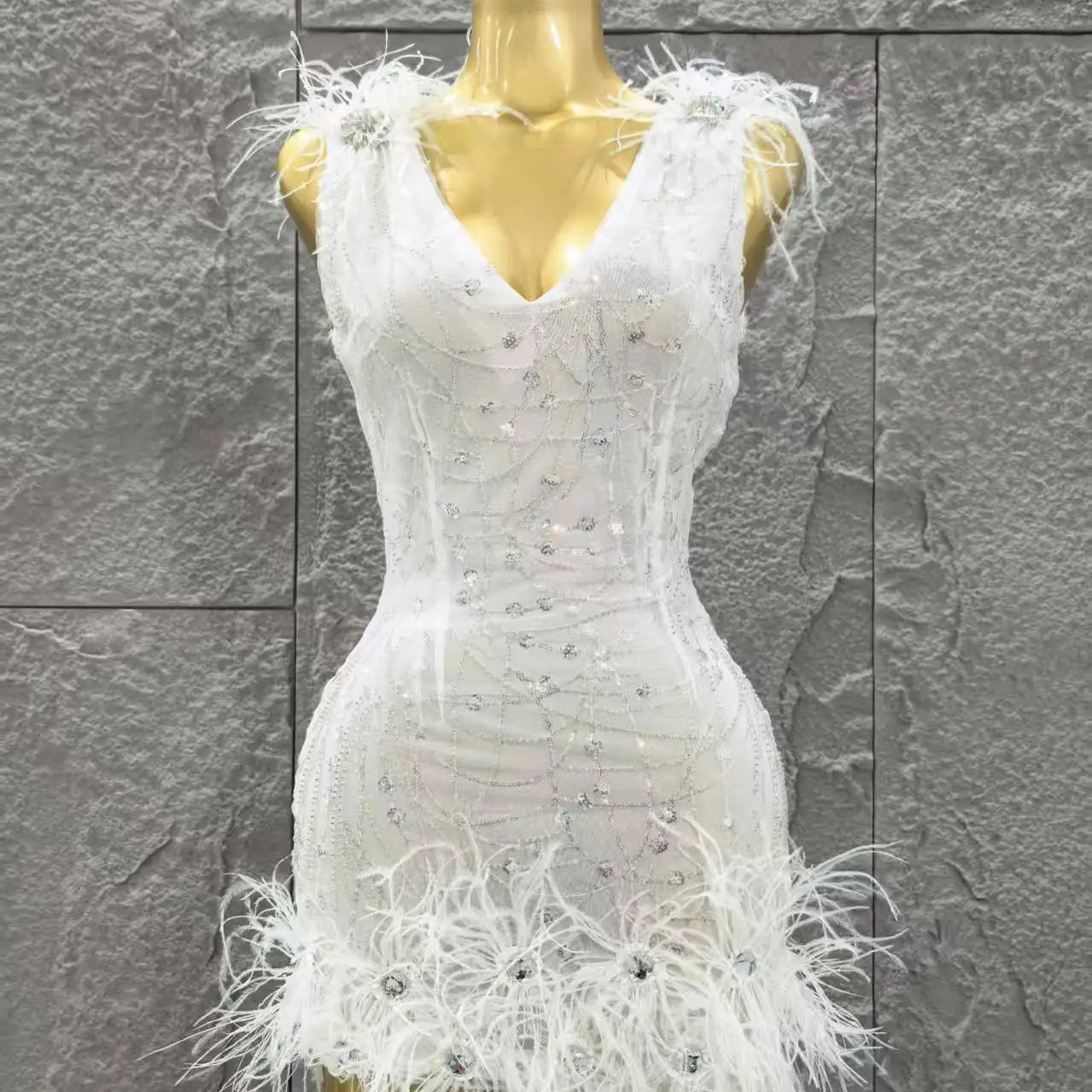 White Color Women Sleeveless V-Neck Bodycon Feathers Mini Dress Girls' Cute Birthday Party Cocktail Outfit Clothing