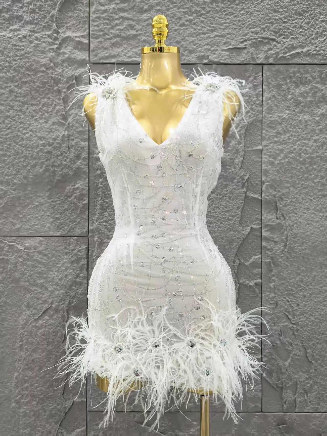 White Color Women Sleeveless V-Neck Bodycon Feathers Mini Dress Girls' Cute Birthday Party Cocktail Outfit Clothing