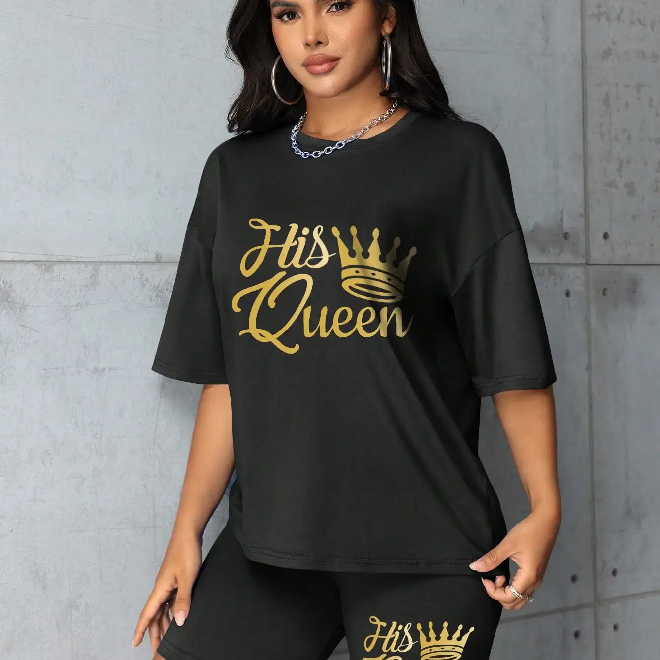 Plus size Women summer clothing Queen printed loose round neck casual black short sleeved T-shirt shorts two-piece set