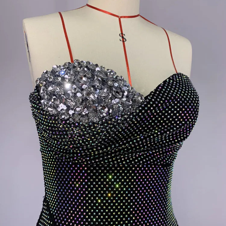 Women Summer Sexy Strapless Crystal Sparkly Diamonds Black Maxi Long Dress 2024 Elegant Party Evening Stage Performance Vestido