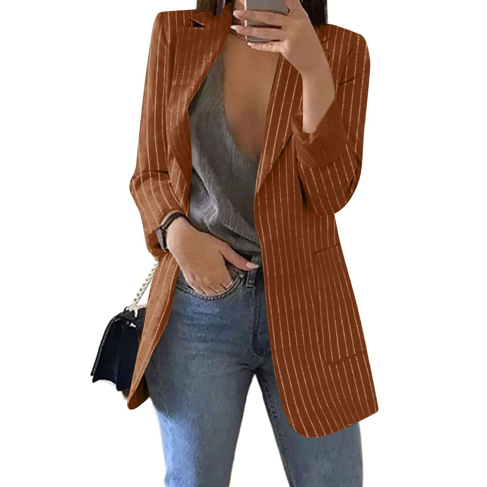 Women's Blazer Coat Stripe Open Front Pockets Cardigan Formal Suit Long Sleeve Blouse Coat