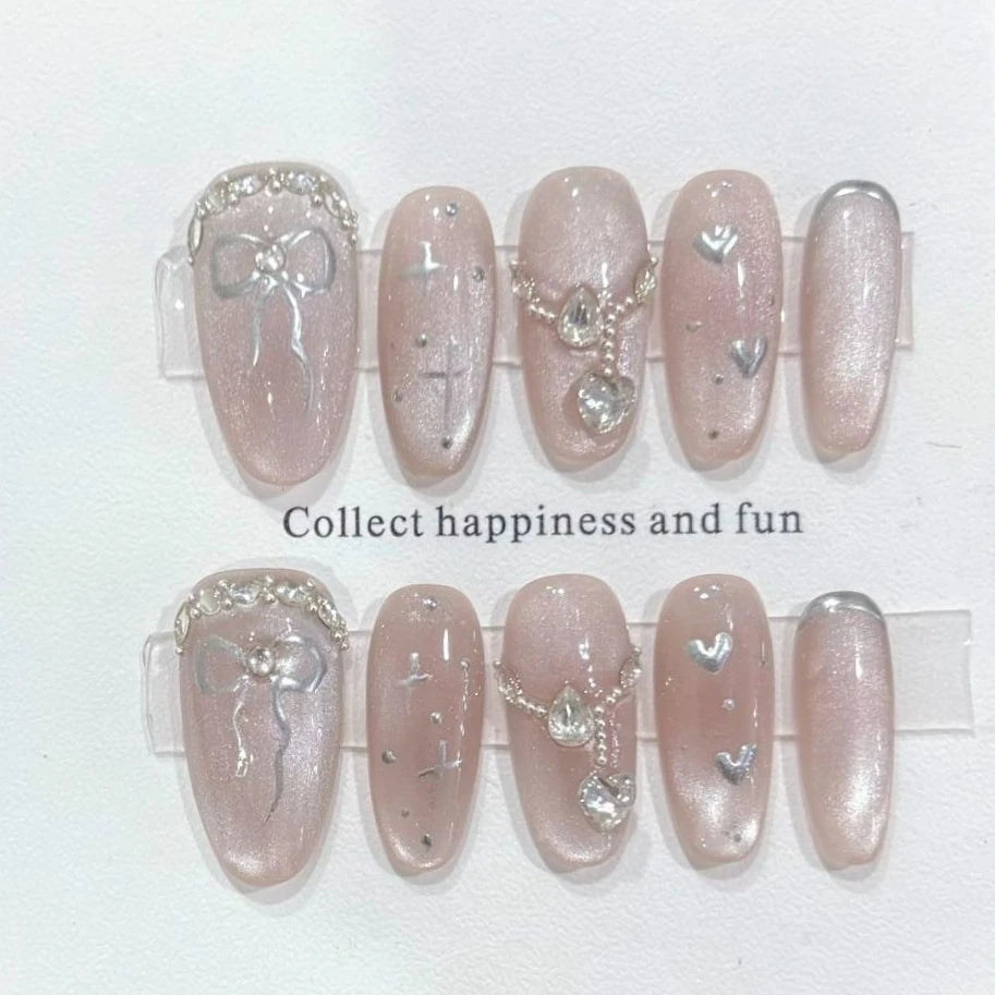 10Pcs French Almond Rhinestone Fake Nails Shiny Cat's Eye Silver Bow Medium Acrylic Nails Elegant Pearl Chain Wearable Nail Set