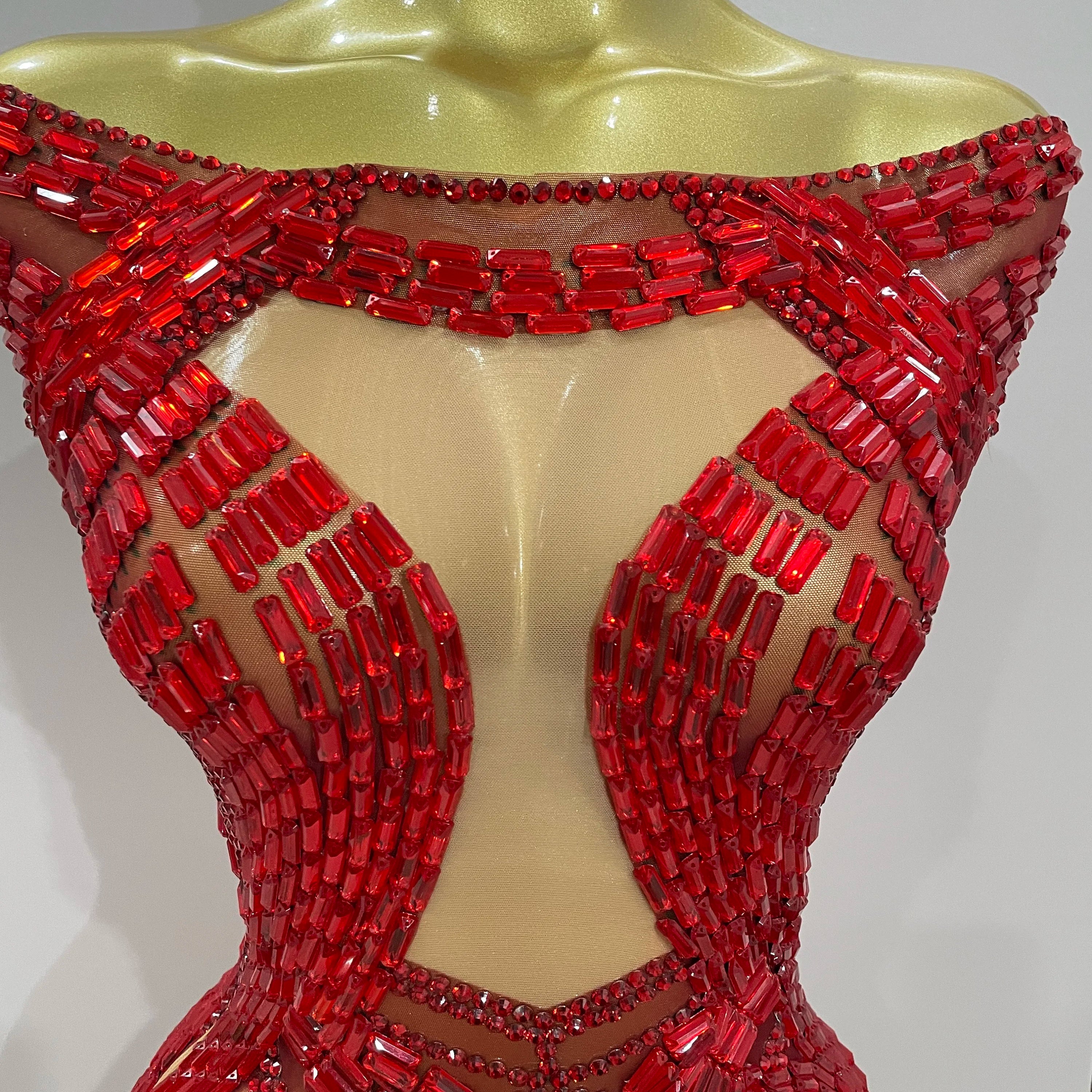 2025 Shining Red Rhinestones Sexy Mesh See-Through Mini Dress Women Celebrate Evening Prom Birthday Party Dress Stage Shoot Wear