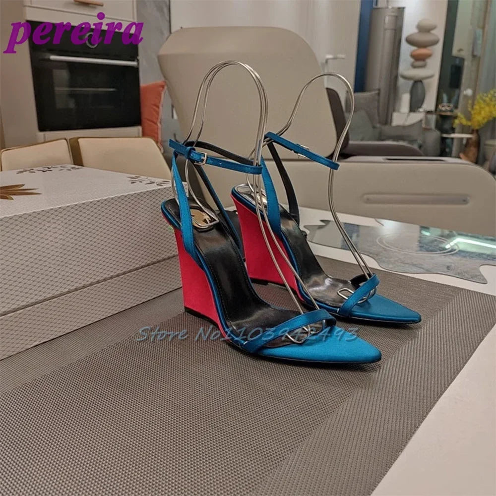 Blue Patent Leather Heeled Sandals Open Toe Shallow Zapatos De Mujer One Strap Luxury High Heels Designer Wedges Shoes 2025