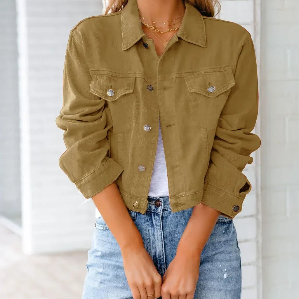 Short Pockets Jacket Fashion Streetwear Single Breasted Trend Women Denim Coats Long Sleeve Autumn New Denim Denim Coats Khaki