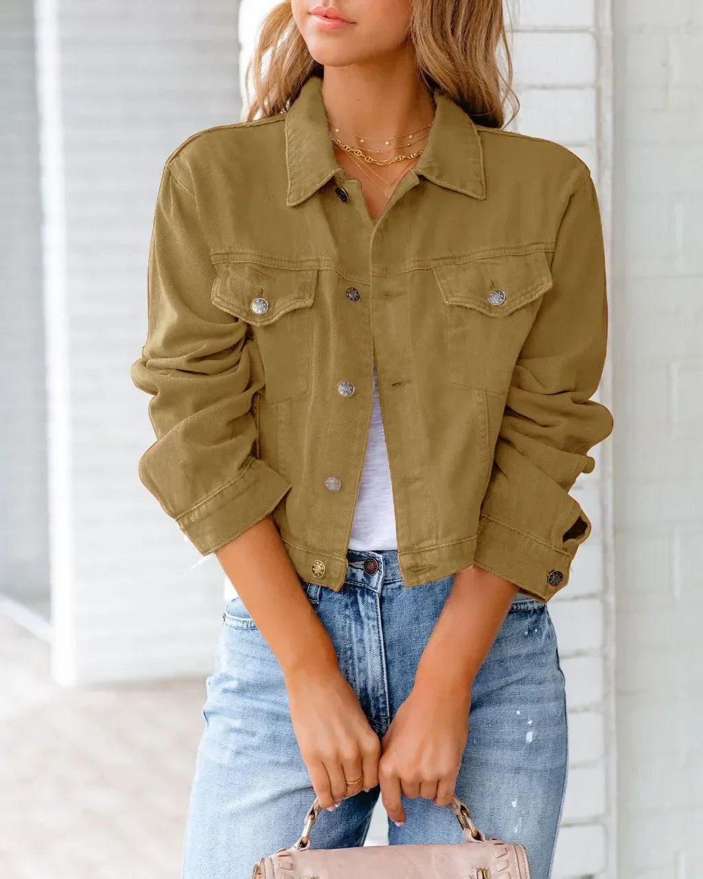 Short Pockets Jacket Fashion Streetwear Single Breasted Trend Women Denim Coats Long Sleeve Autumn New Denim Denim Coats Khaki