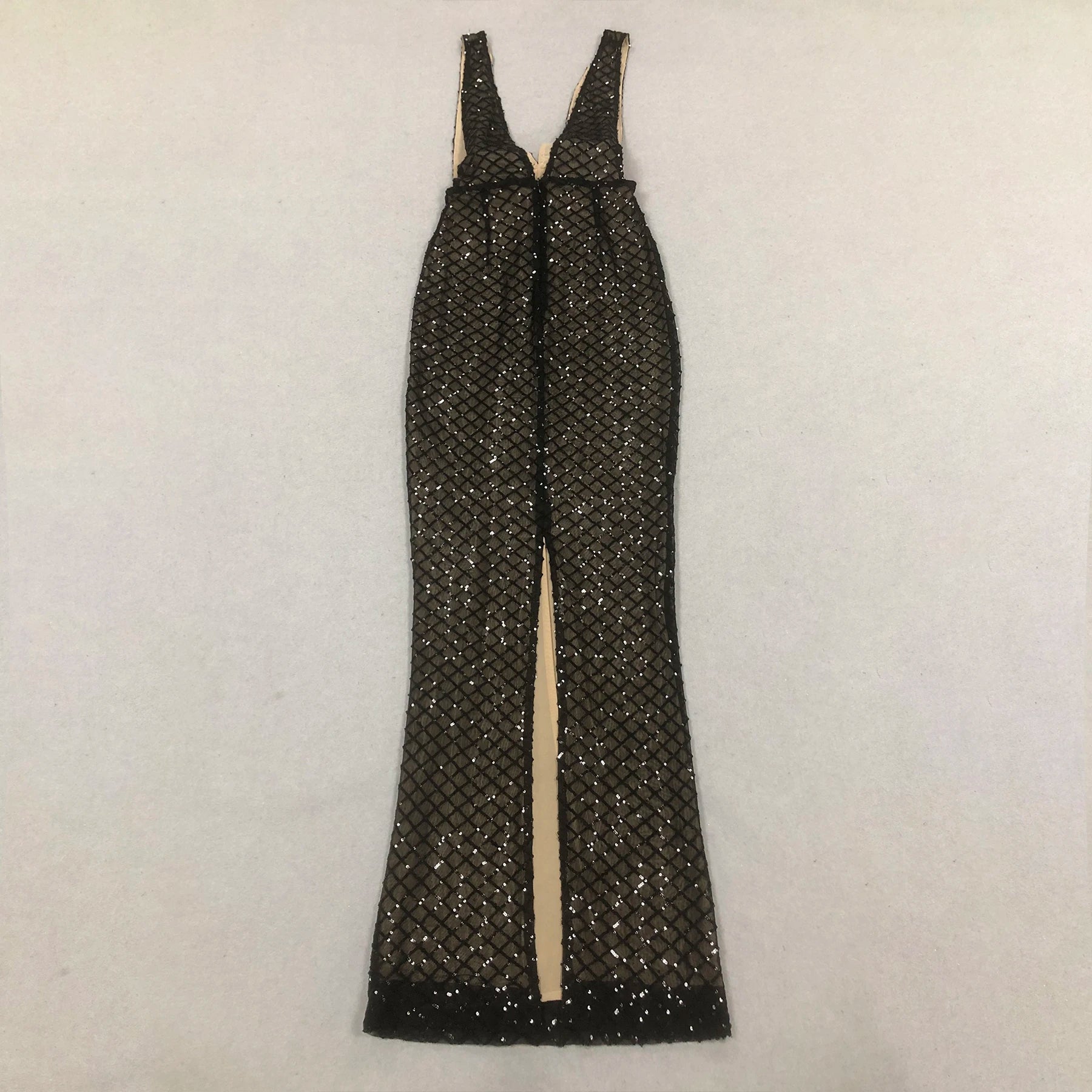 Black Bows Shining Sequin Sexy V-Neck Sleeveless Mesh See Through Long Dress Fashion Woman Evening Dress Celebrity Party Outfit