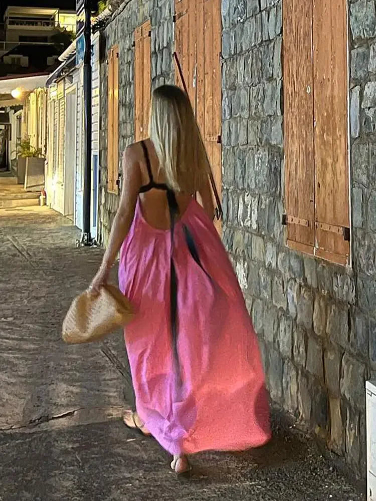 Women Fashion Color Matching Halter Maxi Dress Ladies Sexy Backless Off Shoulder Sleeveless Dresses Female party Holiday Robes