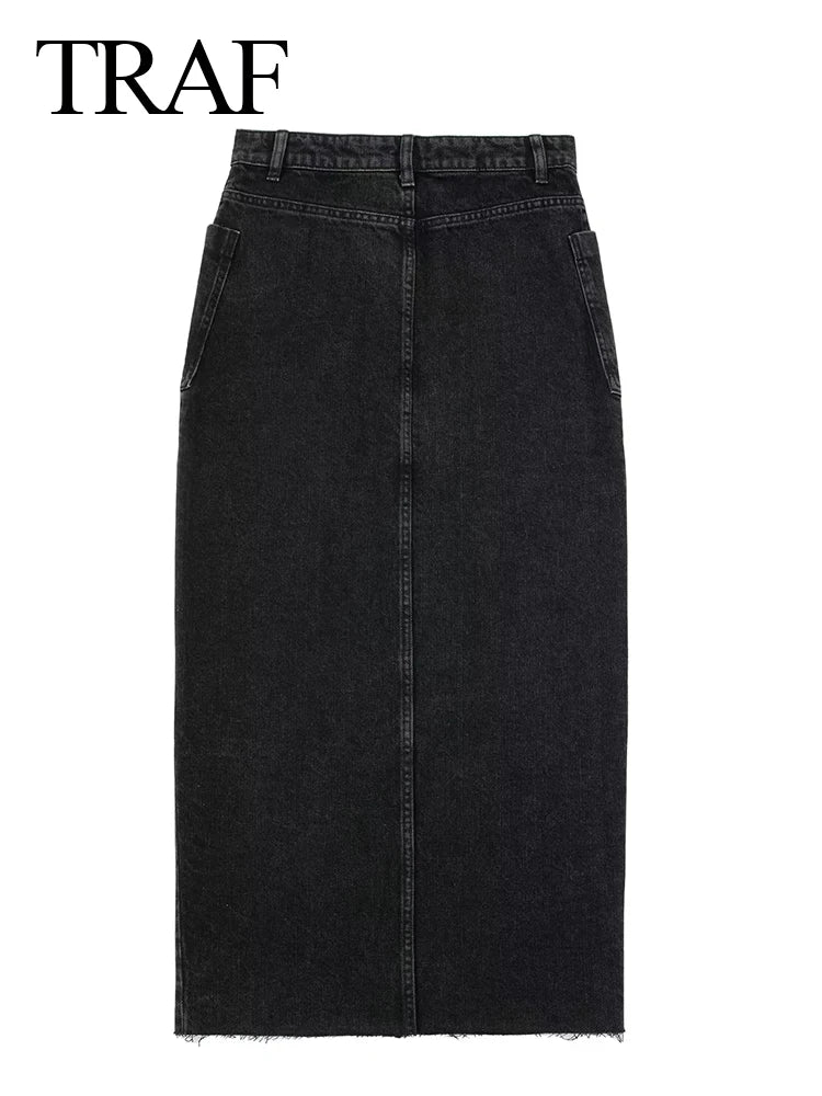 TRAF Fashion Midi Skirt Vintage Streetwear Skirts Women's High Waist Black Denim Skirt Woman Slit Jean Long Skirts For Women