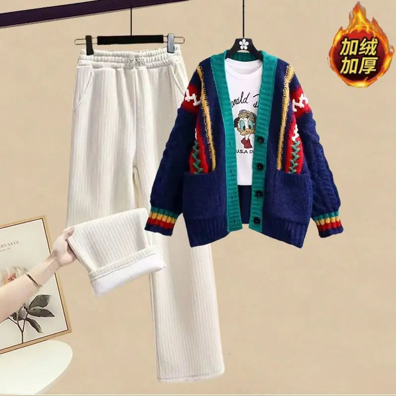 Korean Style Fashion Knitted Sweater Jacket Plush Thickened Wide Leg Pants Two Piece Elegant Women's Pants Set Winter Outfits 2pcs set 03