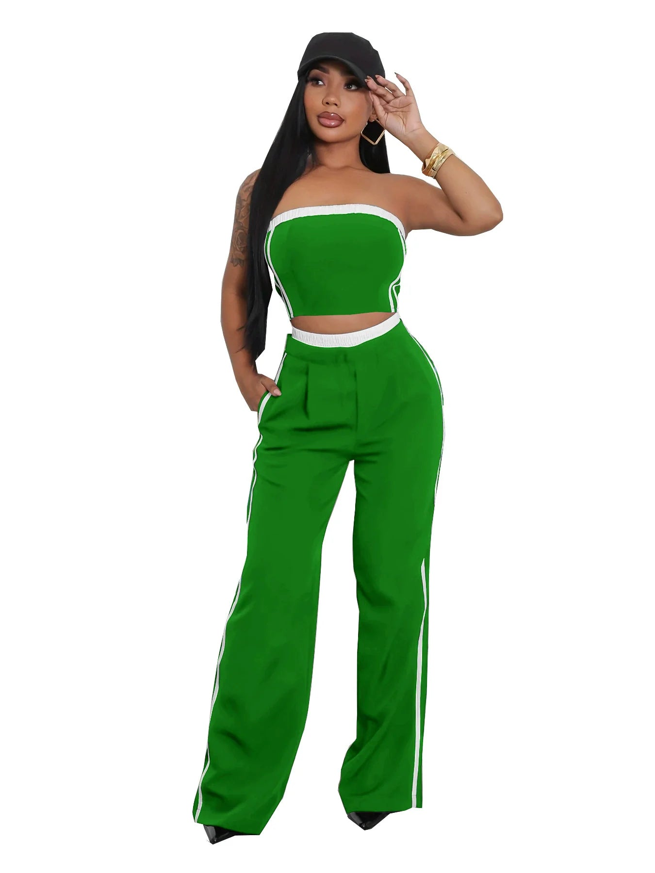 CM.YAYA 2025 Women's Set Sleeveless Ribbon Strapless Tops + Wide Leg Pants Fitness Streetwear Two 2 Piece Sets Outfits Tracksuit