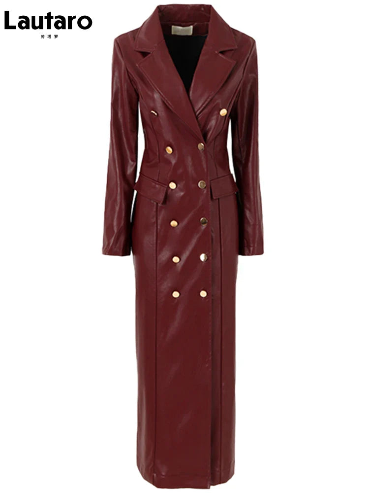 Spring Autumn Extra Long Black Faux Leather Trench Coat for Women Double Breasted Luxury Elegant British Fashion 2022