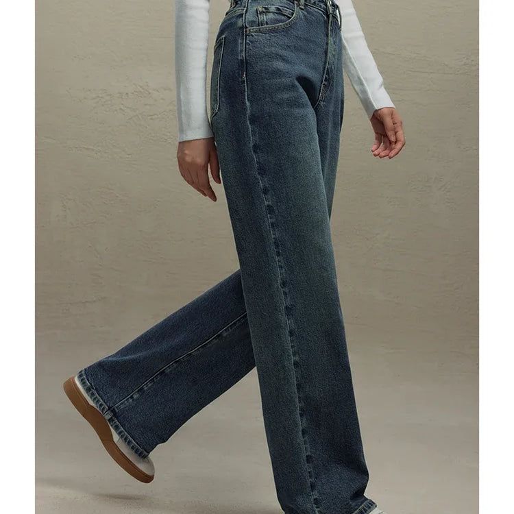 Retro High Waist Straight Jeans for Women Casual Style Wide-leg Pants Winter Floor Mopping Jeans for Female