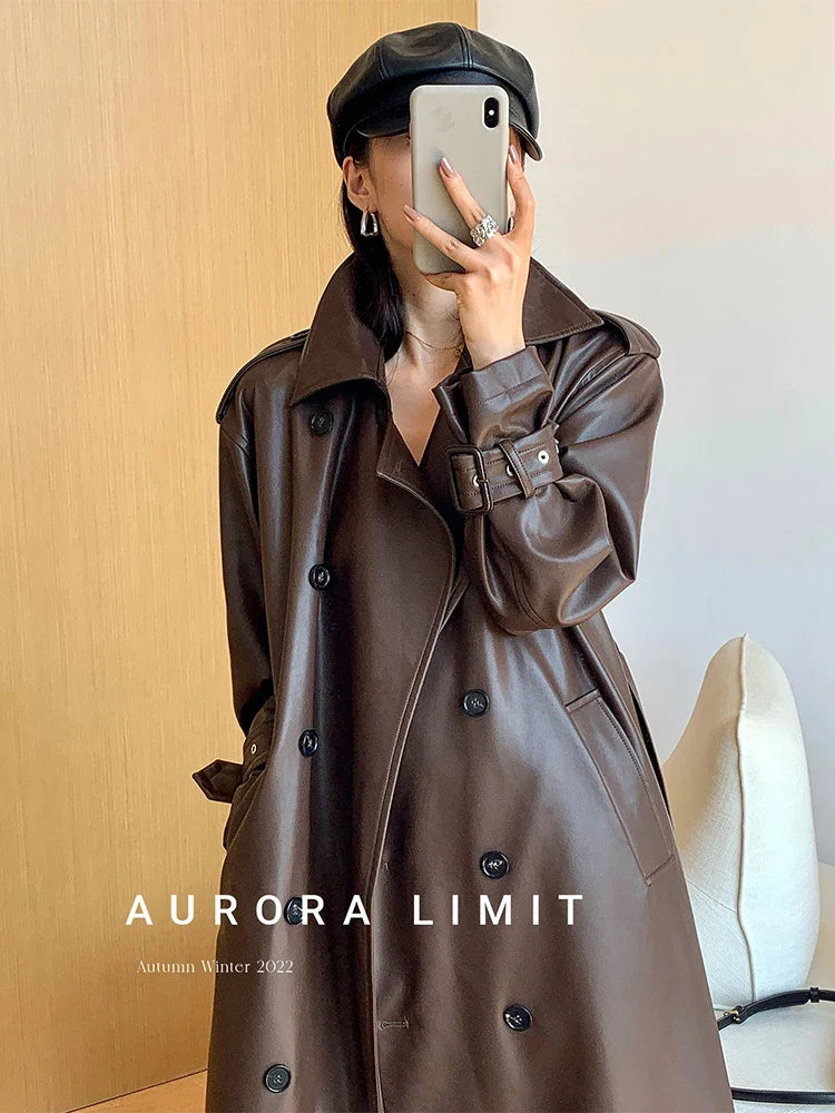 Spring Autumn Long Loose Brown Pu Leather Trench Coat for Women Belt Double Breasted American and European Fashion 2023