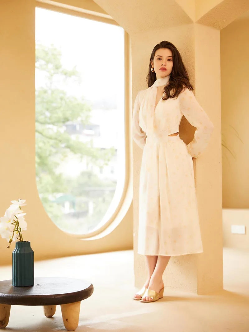 Polyester Daisy Floral White Dresses Women Elegant Long Sleeve Beach Dress V Neck Sexy Bandage Long Summer Dresses Women 2024