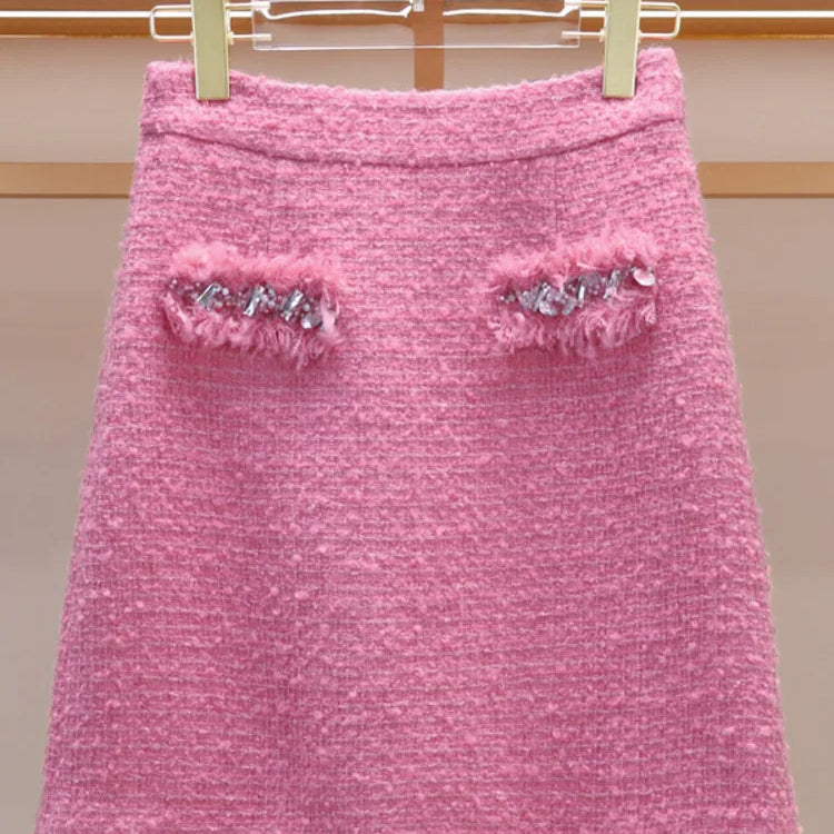 Luxury Style Fashion Diamonds Women's Tweed Woolen Jacket And Skirt Suit Elegant Autumn Winter Office Dress Set 2 Piece Outfits