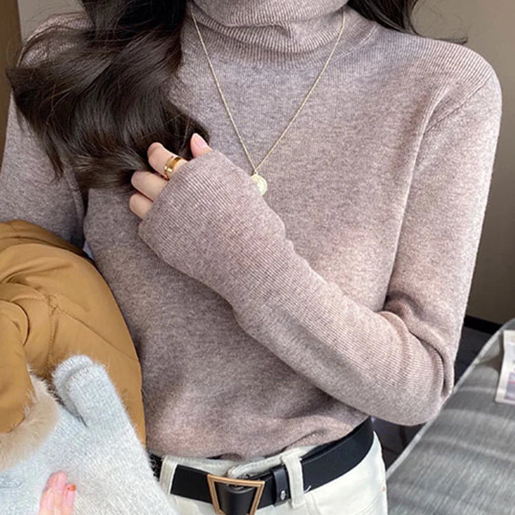 Women Turtleneck Sweaters Casual Soft Long Sleeve Pullovers Elastic Jumpers Knitwear Slim Basic Sweater For Women Autumn Winter