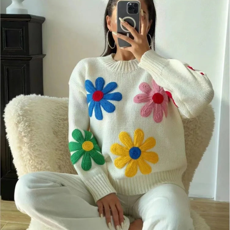 Vintage Flower Embroidery Sweater Women Loose Long Sleeve O-neck Knitted Pullover Autumn Female Thick Casual Streetwear