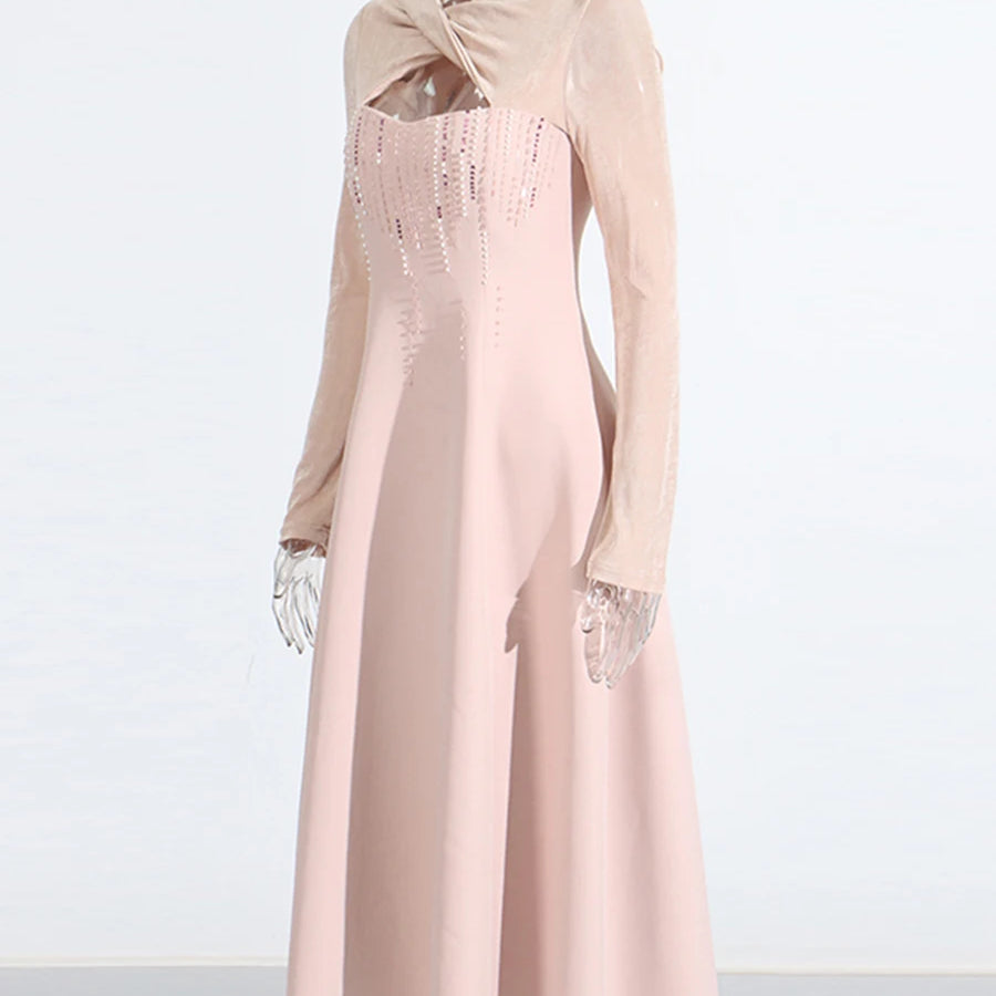 TWOTWINSTYLE Solid Slimming Bead Elegant Dresses for Women Round Neck Long Sleeve Hollow Out Temperament Dress Female Clothing