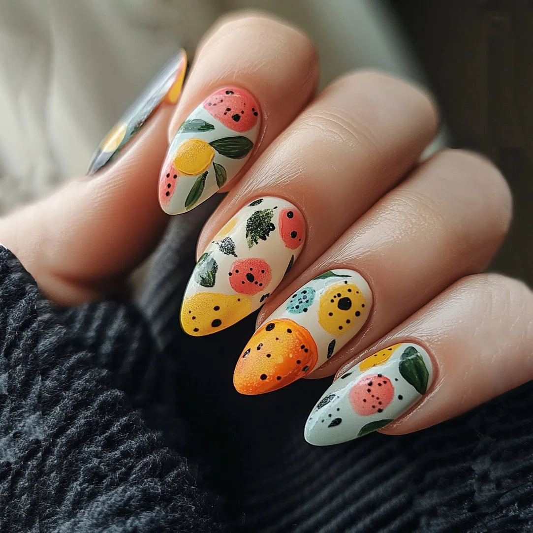 24Pcs Short Round Almond Lovely False Nails Full Cover Fresh Cartoon Fruit Pattern Designs Wearing Nails Art French Summer Nails